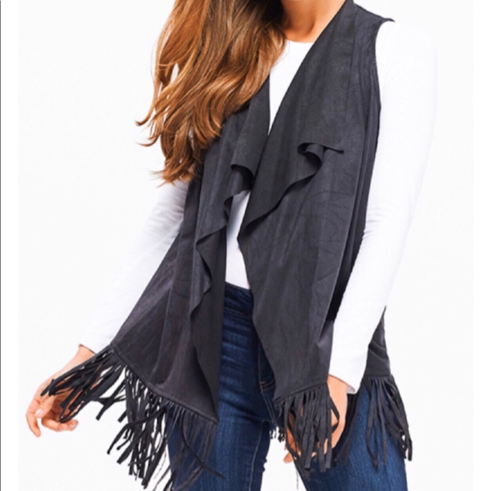 Black faux suede fringe vest